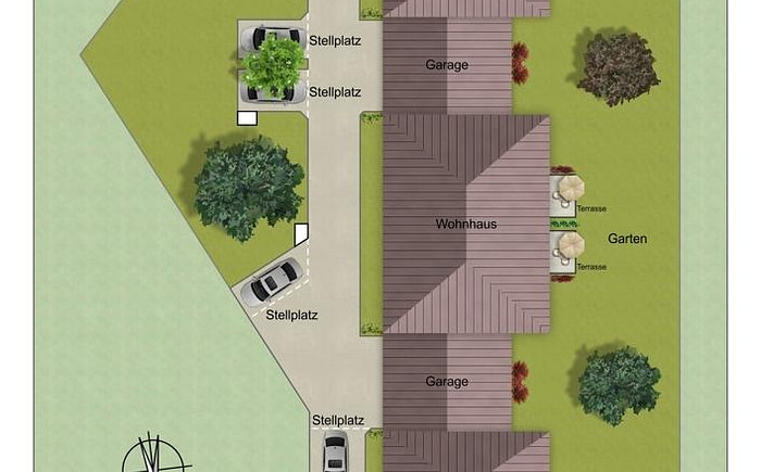 Lageplan, zwei Einfamilienhäuser außen mit Garagen und ein Doppelhaus in der Mitte mit Garagen